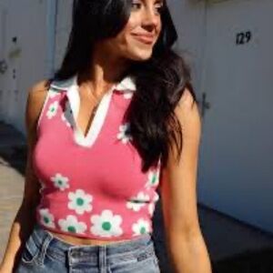 DEBUT Pink woman colorful knit stretch flower child bohemian chic crop tank S